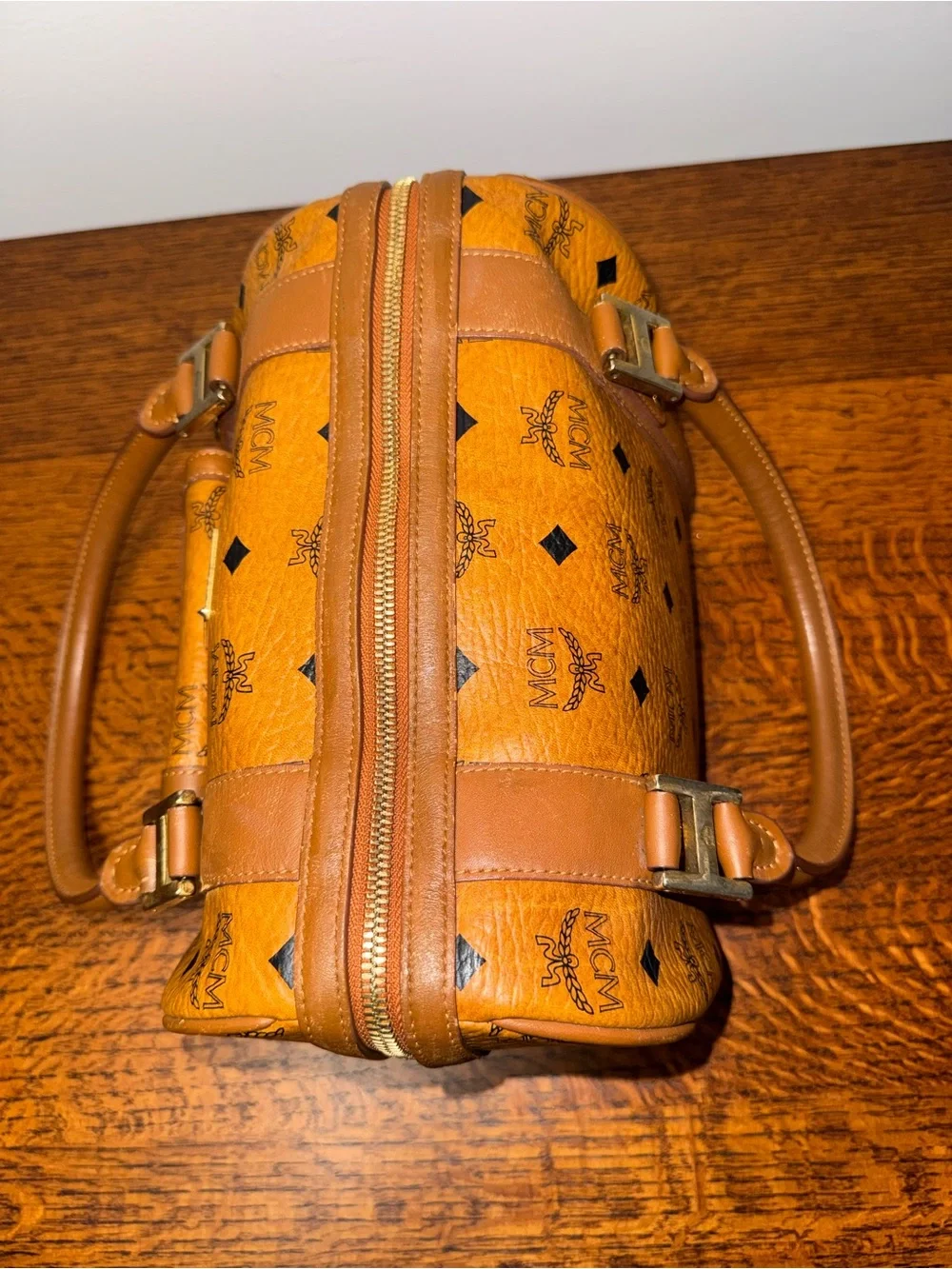 MCM Cognac Visetos Boston Bag w/Front Pocket and COA
